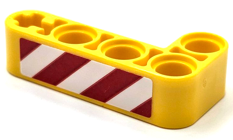 Lego Technic, Liftarm, Modified Bent Thick L-Shape 2 x 4 with Red and White Danger Stripes Pattern Side B (Sticker) - Set 42097 / Yellow