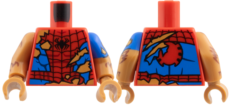 Lego Torso Spider-Man Costume Tattered, Black Spider and Webbing, Blue Side Panels, Medium Nougat Fur Behind Rips and Tears Pattern / Medium Nougat Arm with Molded Blue Short Sleeve and Printed Tear and Reddish Brown Fur Pattern Left / Medium Nougat Arm with Reddish Brown Fur Pattern Right / Medium Nougat Hands