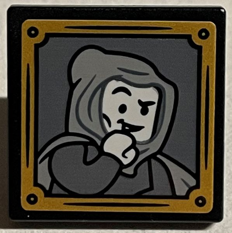 Lego Road Sign 2 x 2 Square with Open O Clip with Gilderoy Lockhart with Hooded Cloak and Gold Frame Pattern (Sticker) - Set 76389 / Black