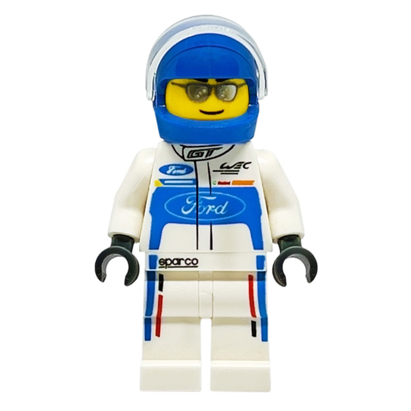 Lego Race Driver, White Torso, White Legs, Blue Helmet, Ford