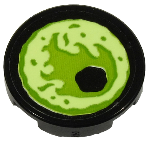 Lego Tile, Round 2 x 2 with Bottom Stud Holder with Yellowish Green Eye on Black Background Pattern Model Right Side (Sticker) - Set 70432 / Black