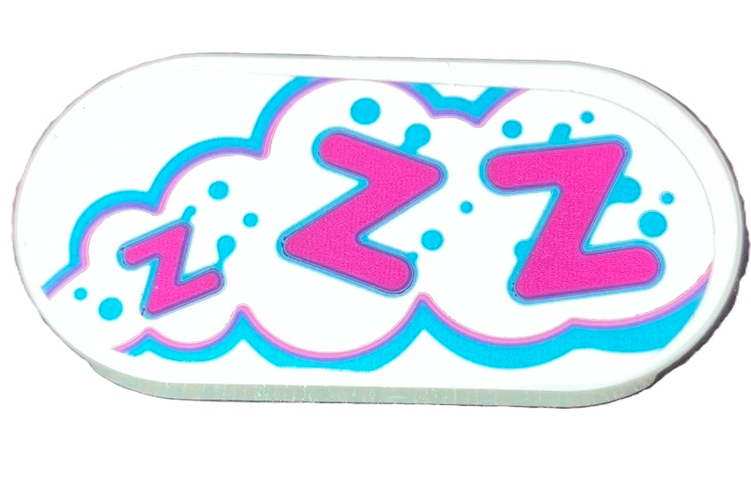 Lego Tile, Round 2 x 4 Oval with Magenta 'ZZZ' in Clouds with Medium Azure Dots and Outline Pattern (Sticker) - Set 41742 / White