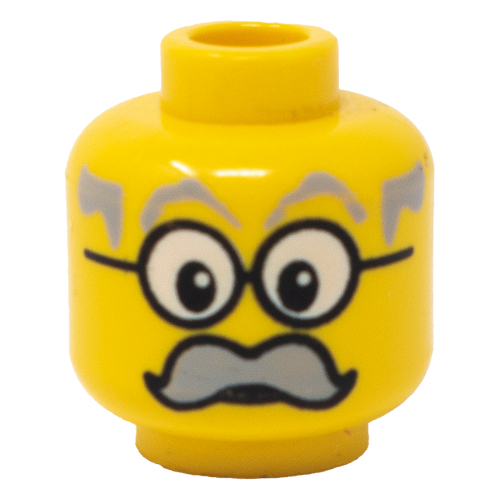 Lego Minifig Head Infomaniac, Moustache Large Gray, Gray Eyebrows, and Large Glasses Print [Blocked Open Stud] / Yellow