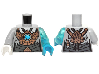 Lego Torso Mummy Wrappings and Copper Armor with Blue Chi Pattern / Trans-Light Blue Arm Left / Light Bluish Gray Arm Right / Dark Azure Hand Left / White Hand Right
