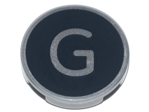 Lego Tile, Round 2 x 2 with Bottom Stud Holder with Silver Capital Letter G on Black Background Pattern