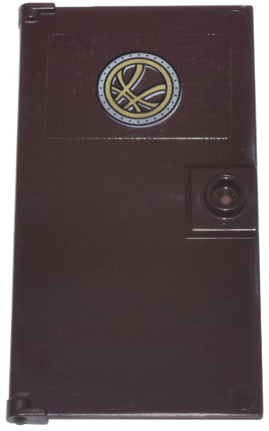 Lego Door 1 x 4 x 6 with Stud Handle with Gold and Light Bluish Gray Circle with 4 Curved Lines Seal of the Vishanti Pattern (Sticker) - Set 76218 / Dark Brown