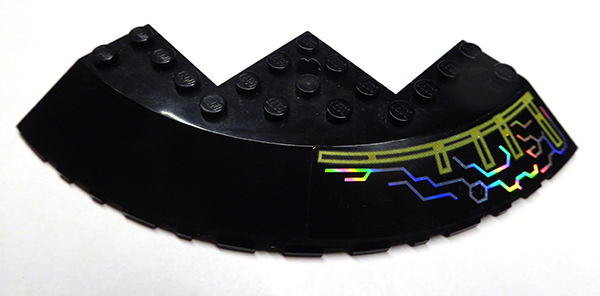 Lego Brick, Round Corner 10 x 10 with Slope 33 Edge, Axle Hole, Facet Cutout with Iridescent Mirrored Circuit Pattern Model Right Side (Sticker) - Sets 7644 / 7646 / 7649 / Black