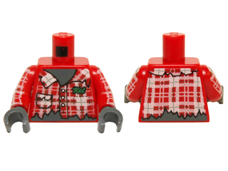 Lego Torso Plaid Shirt Ripped with Buttons and 'Kel' on Chest, Dark Bluish Gray Skin Pattern / Red Arms with Plaid Shirt with Green Dotted Lines Pattern / Dark Bluish Gray Hands