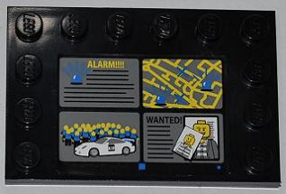 Lego Tile, Modified 4 x 6 with Studs on Edges with 'ALARM!!!!', Street Map, White Car and 'WANTED!' Pattern (Sticker) - Set 7498