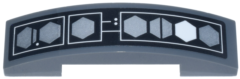 Lego Slope, Curved 4 x 1 x 2/3 Double with Black Elevator Indicator Panel, Silver Hexagons, White Hexagon on Right Pattern (Sticker) - Set 75419 / Dark Bluish Gray