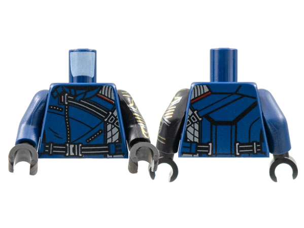 Lego Torso Jacket Black Strap, Zippers, and Belt Pattern / Black Arm Left with Gold and Silver Circuitry Pattern / Dark Blue Arm Right / Black Hands