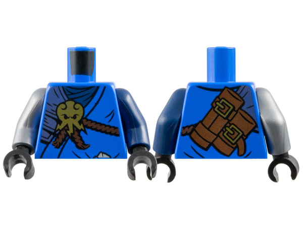 Lego Torso Ninja Robe over Dark Blue Wrap, Silver Shoulder Armor, Reddish Brown Rope, Gold Lightning Octopus Symbol, Scabbards with Buckles on Back Pattern / Dark Blue Arm Left / Flat Silver Arm Right / Black Hands