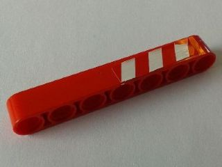 Lego Technic, Liftarm Thick 1 x 7 with Red and 3 White Danger Stripes on Upper Half Pattern Model Left Side (Sticker) - Set 8289 / Red