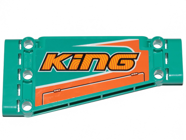 Lego Technic, Panel Plate 5 x 11 x 1 Tapered with Orange Stripes and 'KiNG' Pattern Model Right Side (Sticker) - Set 42117 / Dark Turquoise