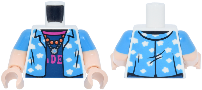 Lego Torso Dark Azure Shirt, Open with Clouds over Dark Blue T-Shirt, Magenta Letters DE and Silver Necklace Pattern / Light Nougat Arms with Molded Dark Azure Short Sleeves Pattern / Light Nougat Hands
