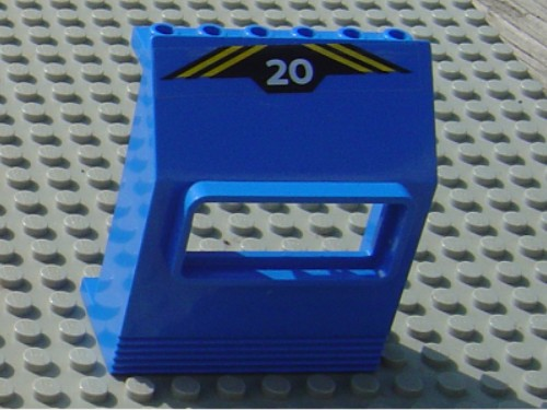 Lego Panel 3 x 6 x 6 Sloped with Window with White '20' and Yellow Diagonal Stripes on Black Background Pattern (Sticker) - Set 6520