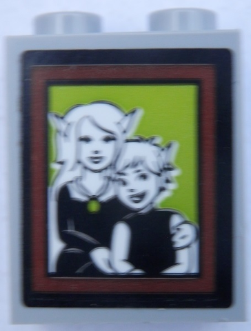 Lego Brick 1 x 2 x 2 with Inside Stud Holder with 2 Black and White Elves Portrait on Lime Background and Reddish Brown Frame Pattern (Sticker) - Set 41188 / Light Bluish Gray