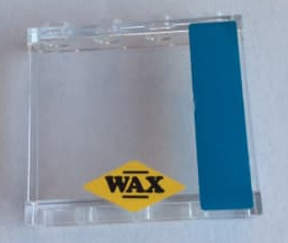 Lego Panel 1 x 4 x 3 with Side Supports - Hollow Studs with Dark Azure Stripe and 'WAX' on Yellow Diamond Pattern Model Right Side (Stickers) - Set 10252