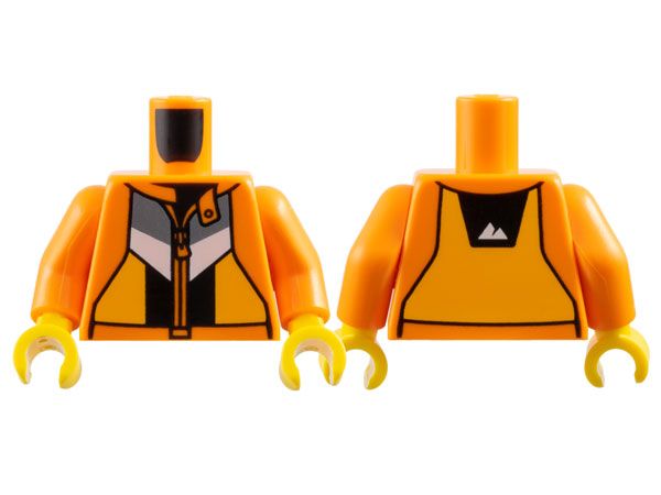 Lego Torso Jacket with Black, Bright Light Orange, Dark Bluish Gray and White Panels, Zipper and Sport Mountain Logo on Back Pattern / Orange Arms / Yellow Hands