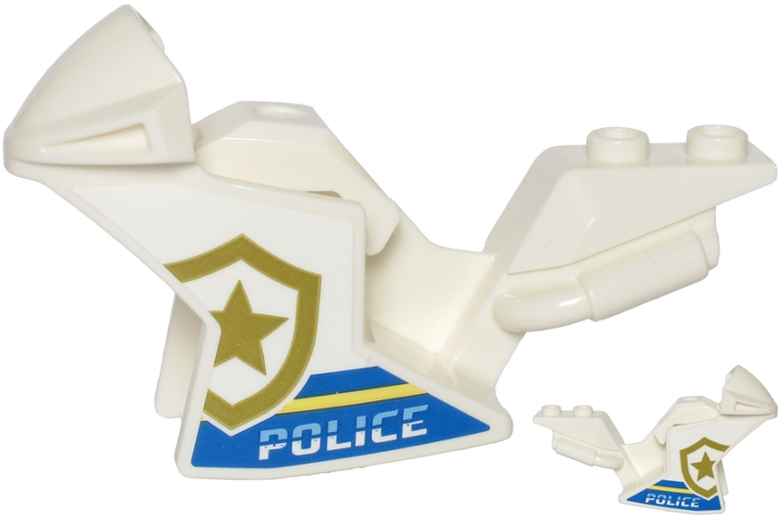 Lego Motorcycle Fairing, Racing (Sport) Bike with 'POLICE', Blue and Bright Light Yellow Stripes and Gold Star Badge Logo Pattern on Both Sides (Stickers) - Sets 60244 / 60245 / 60246 / White