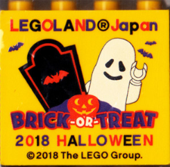 Lego Brick 2 x 4 x 3 with LEGOLAND Japan, 'BRICK-OR-TREAT 2018 HALLOWEEN', Tombstone, Jack O Lantern, Ghost Minifigure, and Bats Pattern / Yellow