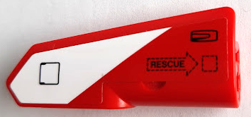 Lego Technic, Panel Fairing #21 Very Small Smooth, Side B with Black 'RESCUE' in Arrow, Hatch, and Door Handle on Red and White Stripe Pattern (Sticker) - Set 42092 / Red