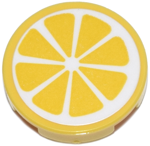 Lego Tile, Round 2 x 2 with Bottom Stud Holder with White Lemon Slice Pattern (Sticker) - Set 42670 / Yellow