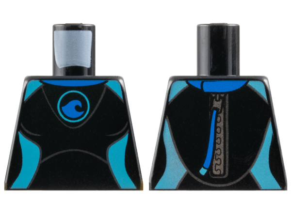 Lego Torso Female Wetsuit with Blue Collar and Wave Logo, Medium Azure Panels, Silver Zipper with Pull Cord on Back Pattern / Black