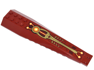 Lego Wedge 16 x 4 Triple Curved with Reinforcements with Gold Panels with Rivets, Red Wires and Yellow Energy Orbs Pattern (Sticker) - Set 70146 / Dark Red