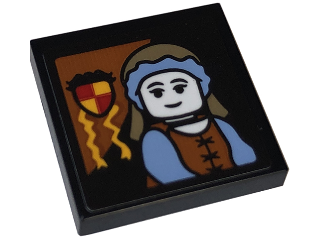 Lego Tile, Modified 2 x 2 Inverted with Portrait of Female Minifigure and Gryffindor Crest on Dark Orange Triangle Pattern (Sticker) - Set 76409 / Black