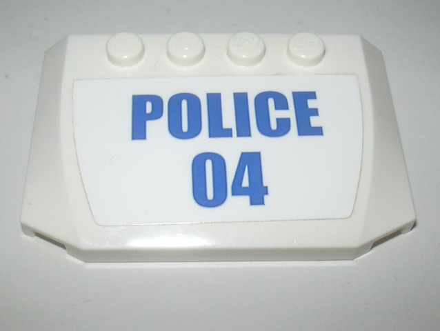 Lego Wedge 4 x 6 x 2/3 Triple Curved with Blue 'POLICE' and '04' on White Background Pattern (Sticker) - Set 60139 / White