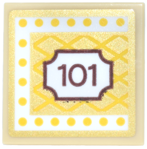 Lego Tile 2 x 2 with Gold Marquee Sign, Reddish Brown Number 101, White Border with Yellow Dots and Diamond Lattice Pattern Model Right Side (Sticker) - Set 43302 / Tan