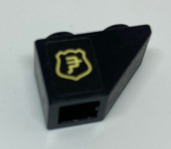 Lego Slope, Inverted 45 2 x 1 with Yellow Ninjago Logogram in Shield Pattern Model Right Side (Sticker) - Set 70607 / Black
