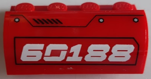 Lego Slope, Curved 2 x 4 x 1 1/3 with 4 Recessed Studs with White '60188' Pattern Model Left Side (Sticker) - Set 60188 / Red
