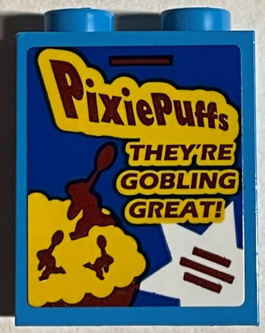 Lego Brick 1 x 2 x 2 with Inside Stud Holder with Dark Red 'PixiePuffs' and 'THEY'RE GOBLING GREAT!' Cereal with White Star Pattern (Sticker) - Set 76389 / Dark Azure