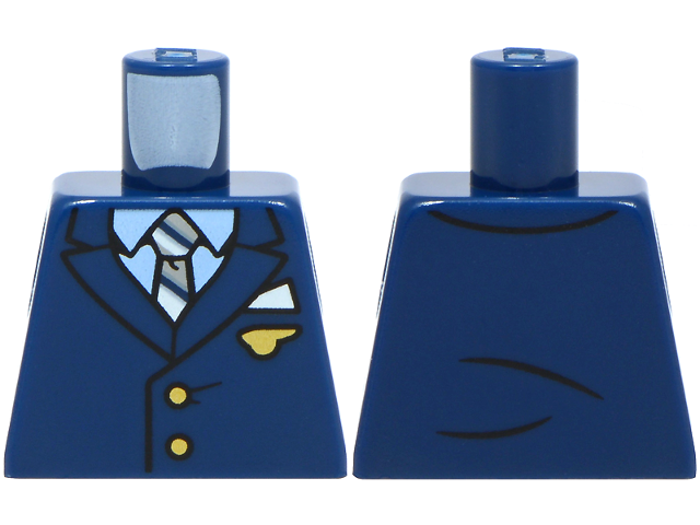 Lego Torso Suit Jacket with Gold Buttons and Pan Am Cabin Crew Wing Pin, Pocket Square, Bright Light Blue Shirt, Striped Tie Pattern / Dark Blue