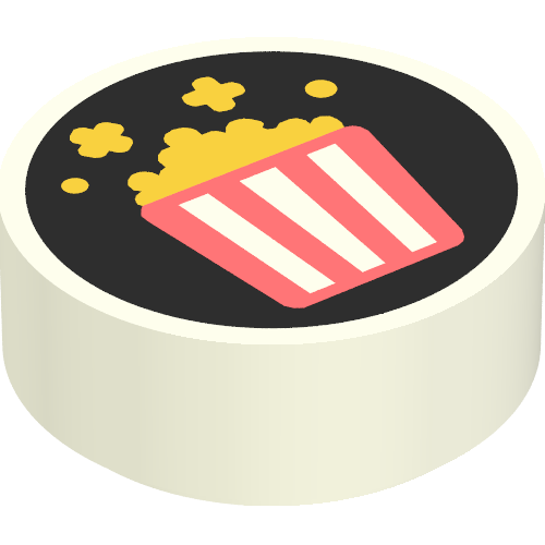 Lego Tile Round 1 x 1 with Bucket of Popcorn on Black Background Print / White