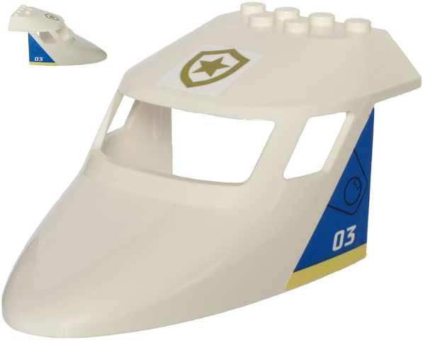Lego Aircraft Fuselage Forward Top Curved 6 x 10 x 4 with 3 Window Panes with Gold Star Badge on Top and Number 03 Pattern on Both Sides (Stickers) - Set 60243 / White