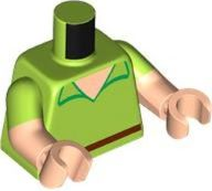 Lego Torso Shirt with Open Collar, Light Nougat Neck, Reddish Brown Belt Pattern / Light Nougat Arms with Molded Lime Short Sleeves Pattern / Light Nougat Hands