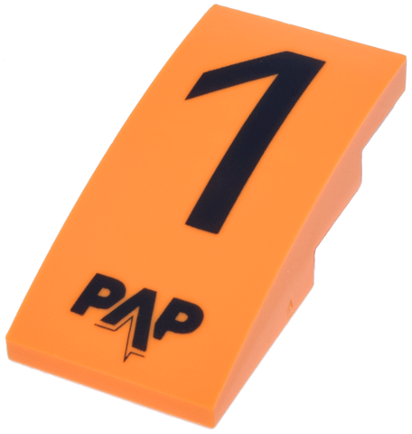 Lego Slope, Curved 4 x 2 with Black Number 1 and 'PAP' Pioneered Athlete Performance Logo Pattern / Orange