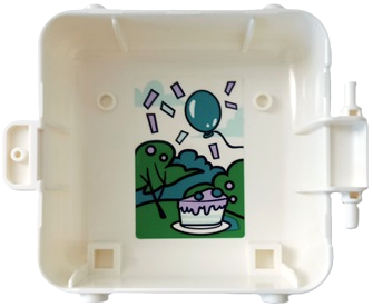 Lego Container, Box 3 x 8 x 6 2/3 Half Front with Dalmatian Dog Face, Medium Azure Eyes, and Lavender Spots, Dark Turquoise Balloon, Trees, Confetti and Slice of Cake Pattern (Sticker) - Set 41663 / White