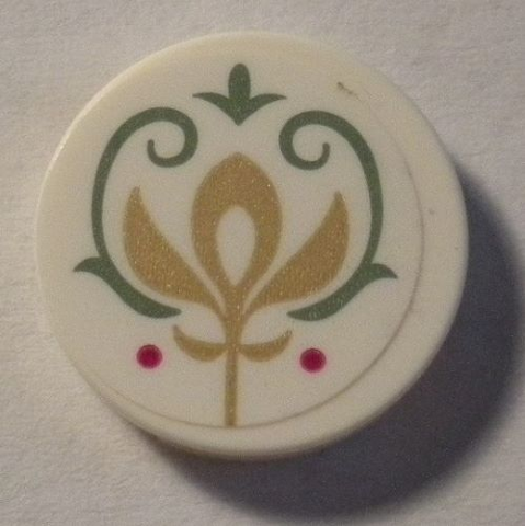 Lego Tile, Round 2 x 2 with Bottom Stud Holder with Gold Crest and Sand Green Scrollwork Pattern (Sticker) - Set 41068 / White