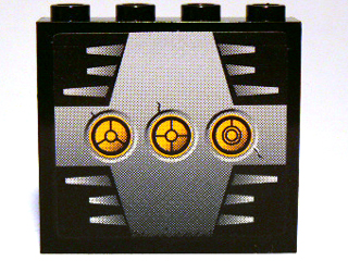 Lego Panel 1 x 4 x 3 - Hollow Studs with 3 Yellow Circles with Bionicle Code D on Silver Background Pattern (Sticker) - Set 8758
