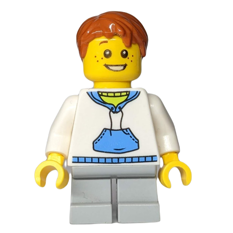 Lego Boy, White and Blue Hoodie, Short Light Bluish Gray Legs, Dark Orange Hair