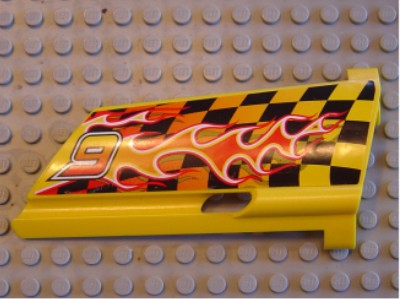 Lego Technic, Panel Fairing #20 Large Long, Small Hole, Side A with '9' and Flame Pattern (Sticker) - Set 8376 / Yellow