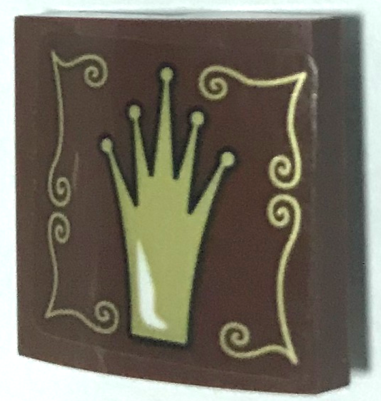 Lego Slope, Curved 2 x 2 x 2/3 with Gold Crown and Scrollwork Pattern Model Right Side (Sticker) - Set 75826 / Reddish Brown