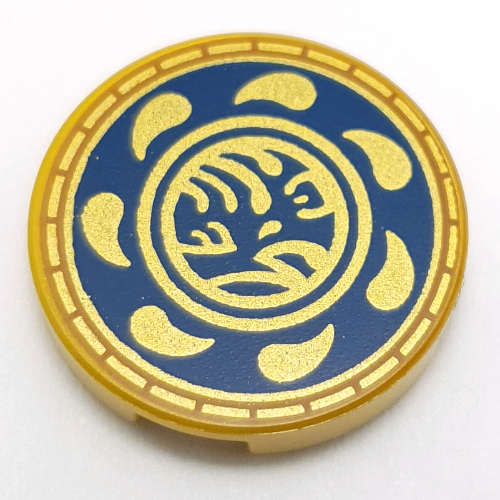 Lego Tile Round 2 x 2 with Gold Asian Symbol, Decorations on Dark Blue Background Print