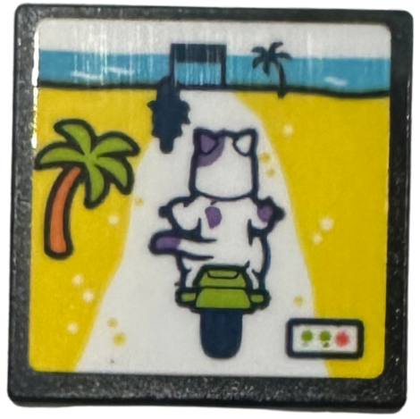 Lego Road Sign 2 x 2 Square with Open O Clip with Video Game Screen, Palm Trees, Finish Line and Racing Cat on Motorcycle Pattern (Sticker) - Set 42674 / Black