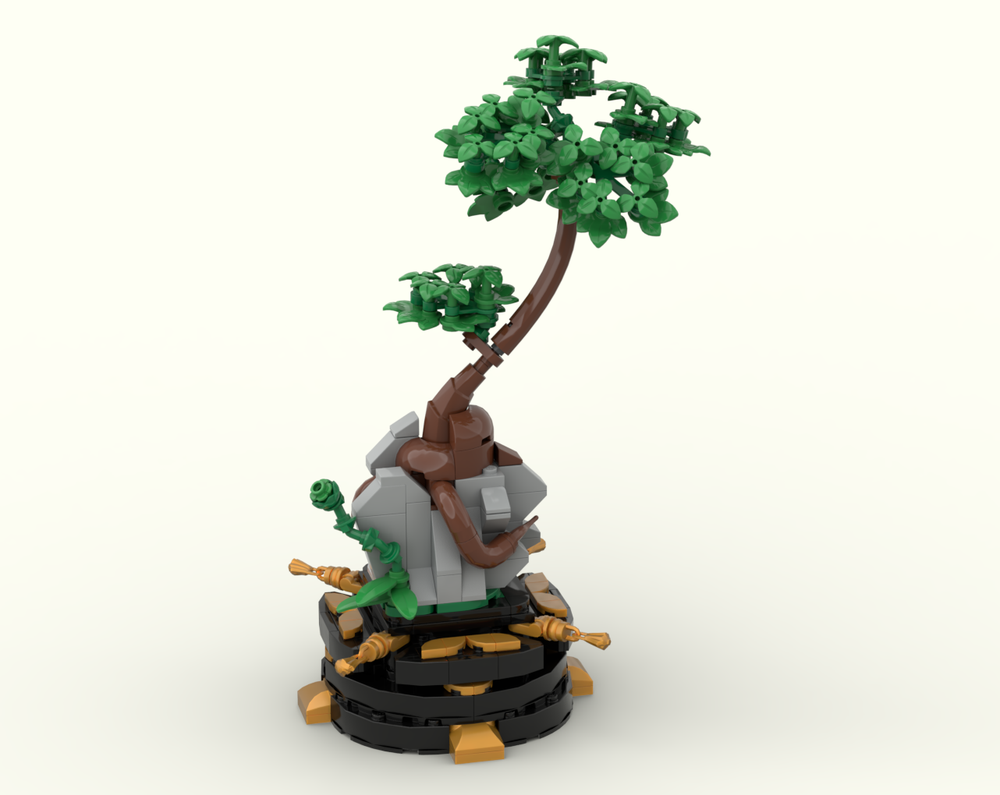 Lego Bonsai on a rock in a black pot with gold inserts