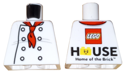 Lego Torso Chef with 8 Buttons, Long Red Neckerchief Scarf, Light Bluish Gray Wrinkles Front, LEGO House Home of the Brick Back Pattern / White